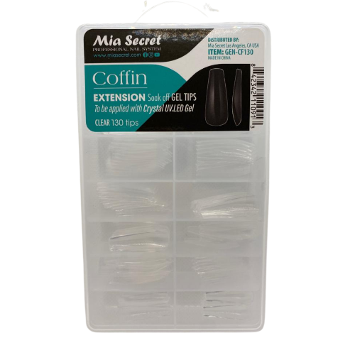 GEL TIPS COFFIN CLEAR 130 NAIL TIPS IN PLASTIC BOX SKU GEN-CF130